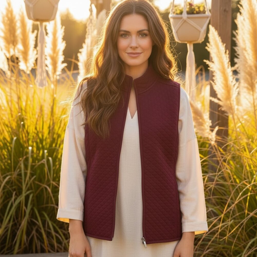 Croft Barrow L Vest Women's Quilted Burgundy Preppy Boho Chic Outdoor Gorpcore